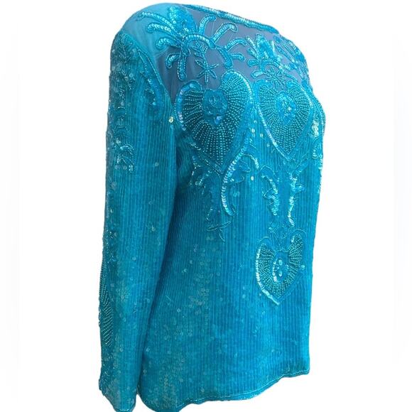 Vtg Turquoise Seguin Floral Applique Sheer Panel Blouse And Skirt Coord Set L - Picture 2 of 9